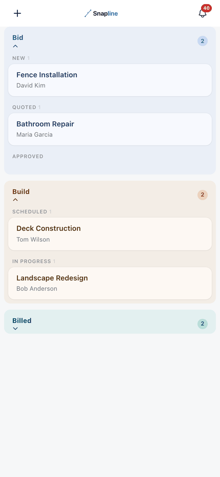 Snapline product demo — pipeline board, job timeline, and customer portal